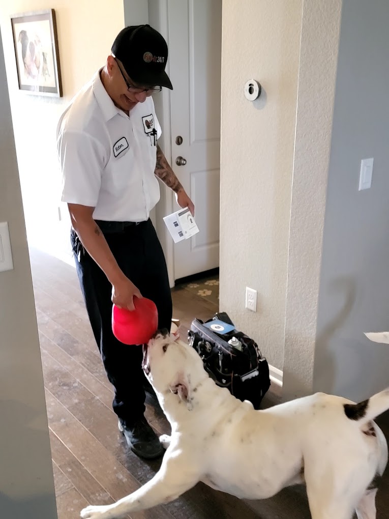 Our HVAC company's employee playing with a customer's dog